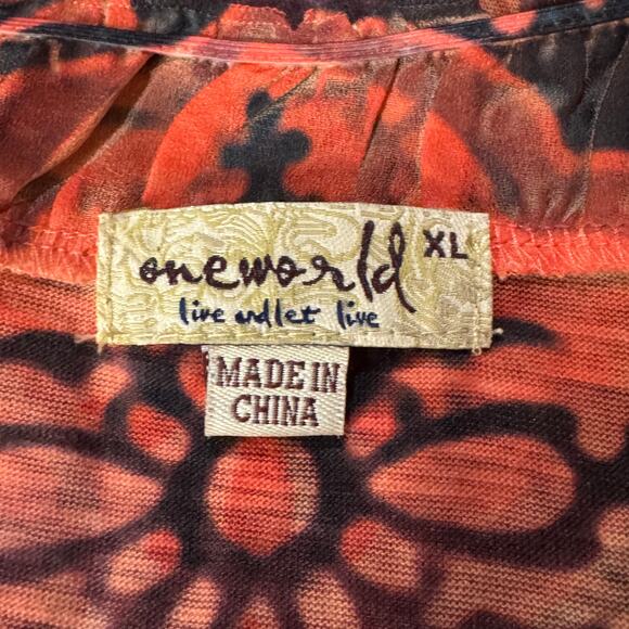 One World X-Large Top Geometric Sublimation Stretch Ruffled V-Neck Cap Sleeve - Picture 8 of 10